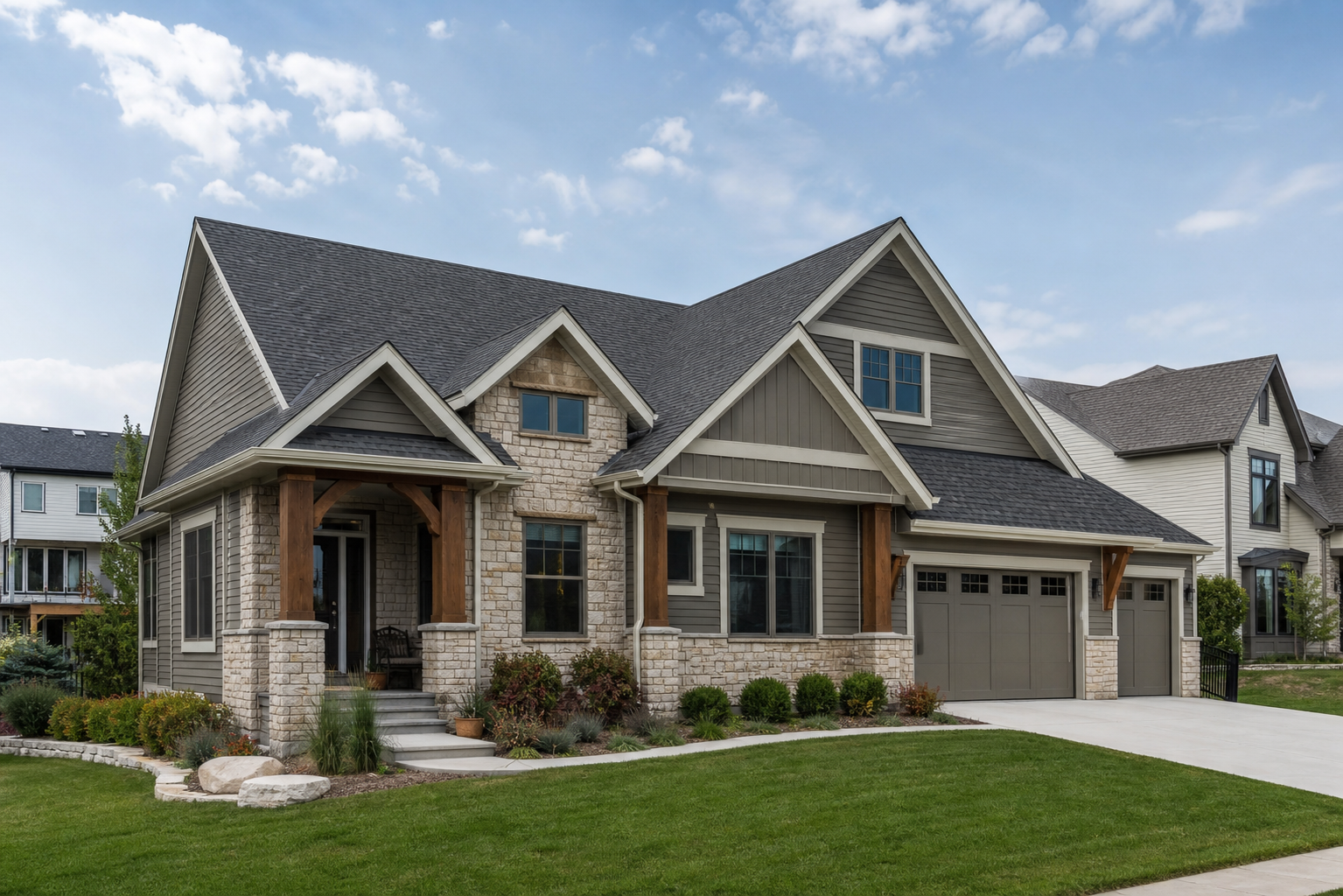 Daytime home exterior where lighting is hidden under the roofline