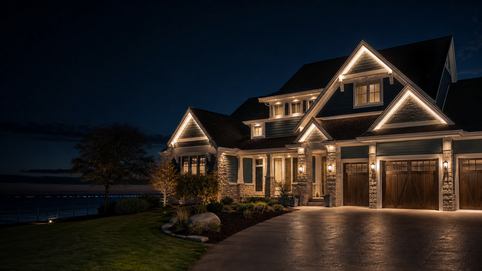 Luxury home at night with warm permanent roofline lighting
