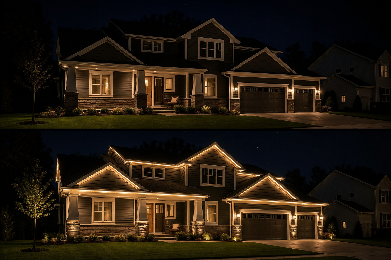 Nighttime permanent roofline lighting example on a residential home